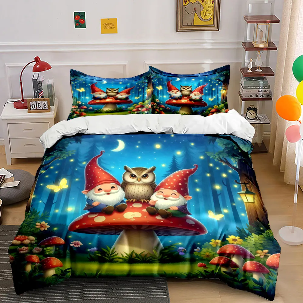 Two cute gnomes and an owl sit on a mushroom in a night forest Duvet Cover Bedding Set Included 1*Duvet Cover 2*Pillowcases