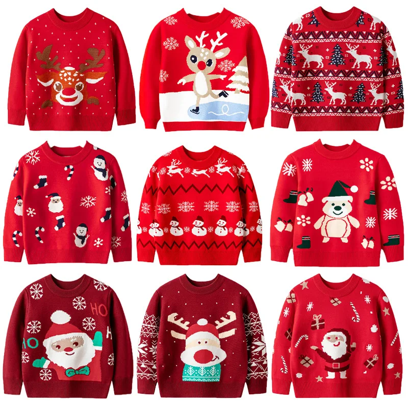 

Christmas Sweater Santa Reindeer Snowman Pattern Knit Pullover Top for Boys Girls Holiday Family Photo Outfits Xmas Gifts