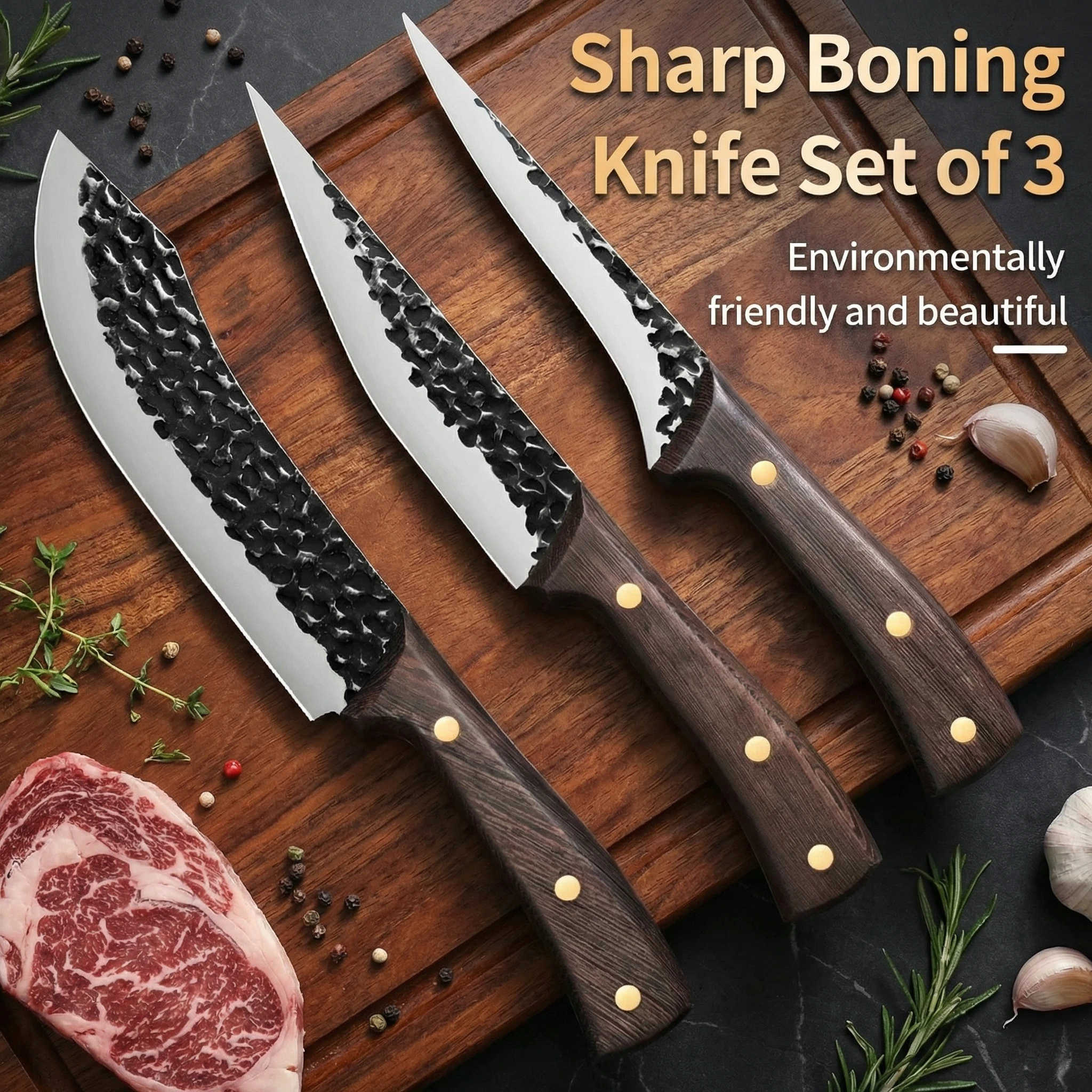New Premium 3-Piece Professional Kitchen Knife Set – High Carbon Steel Chef, Boning & Slicing Knives for Meat Fruit Vegetable