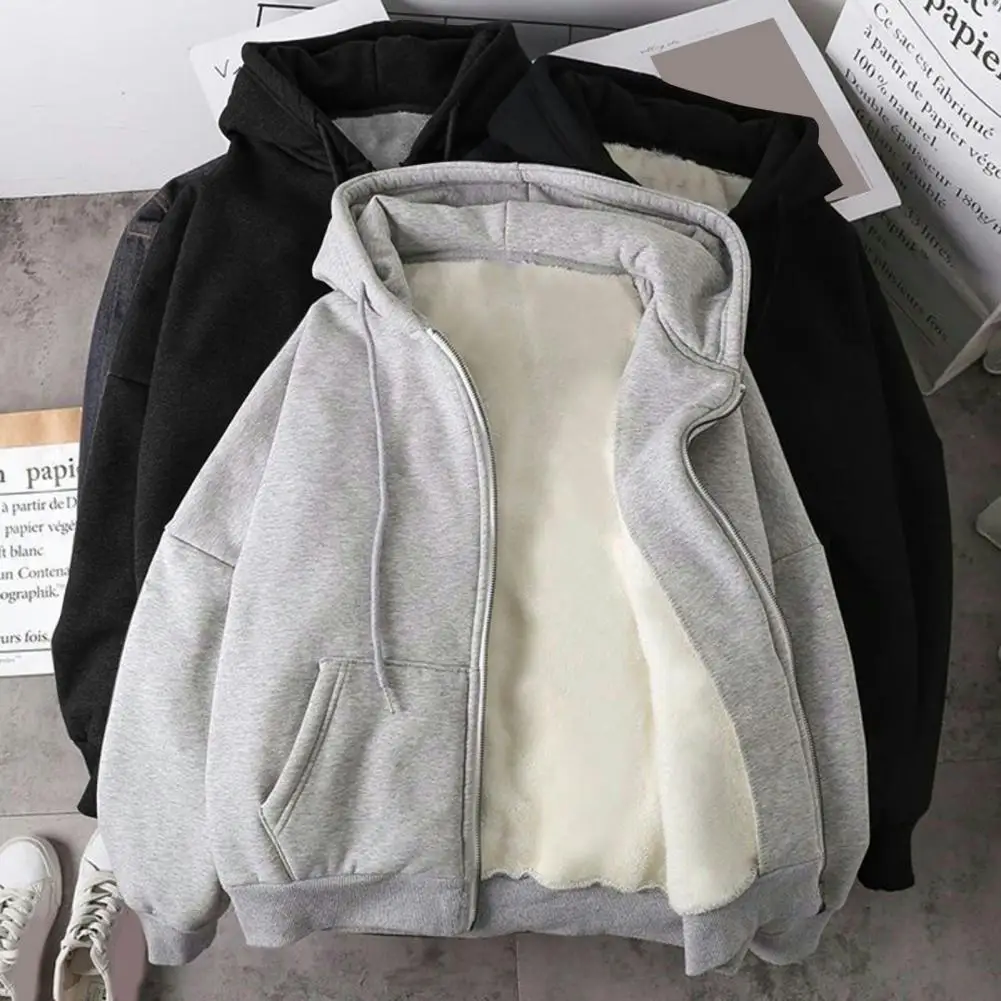 Fall Winter Men Coat Zip-up Long Sleeves Elastic Cuff Thick Plus Size Drawstring Plush Solid Color Loose Pockets Sport Hoodie