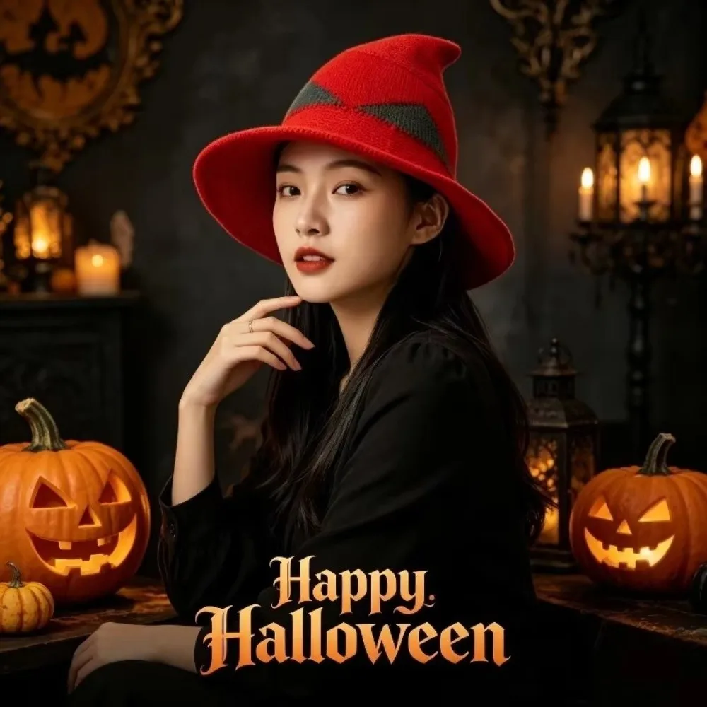 Cute Wide Edges Witch Hat Spire Color Blocked Knitted Wizard Cap Yarn Cotton Breathable Halloween Hat Stage Play
