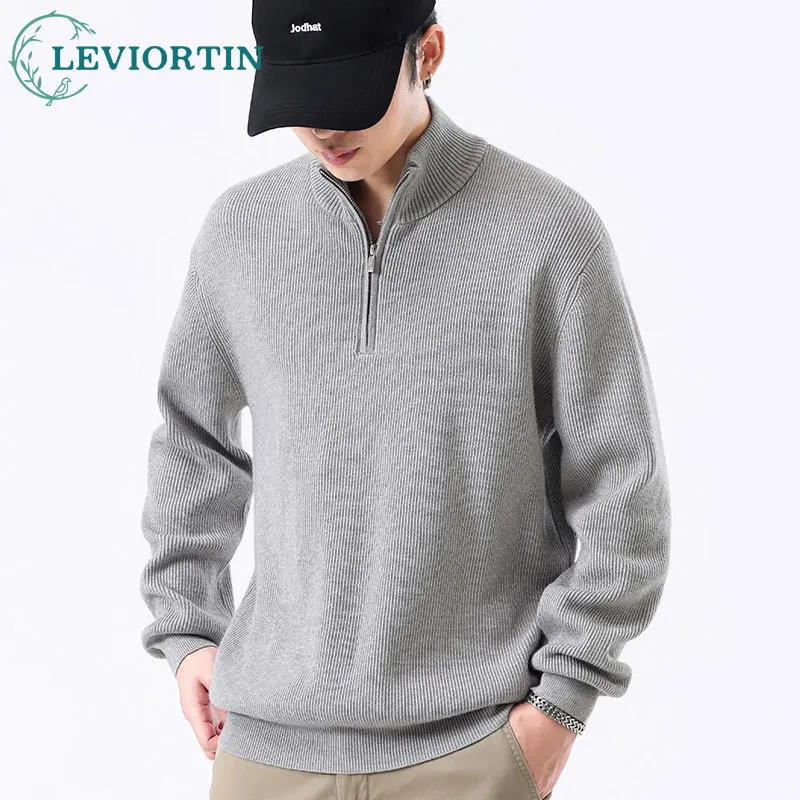 

Autumn and winter new vertical stripe half zipper design men's Japanese retro versatile trend stand up collar loose sweater