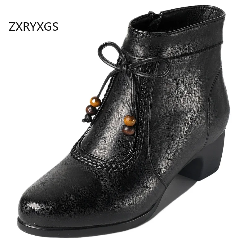 

ZXRYXGS High-end Top Cowhide Bow Women Fashion Boots 2025 Large Size Autumn Winter Boots Thick Mid Heels Elegant Banquet Boots