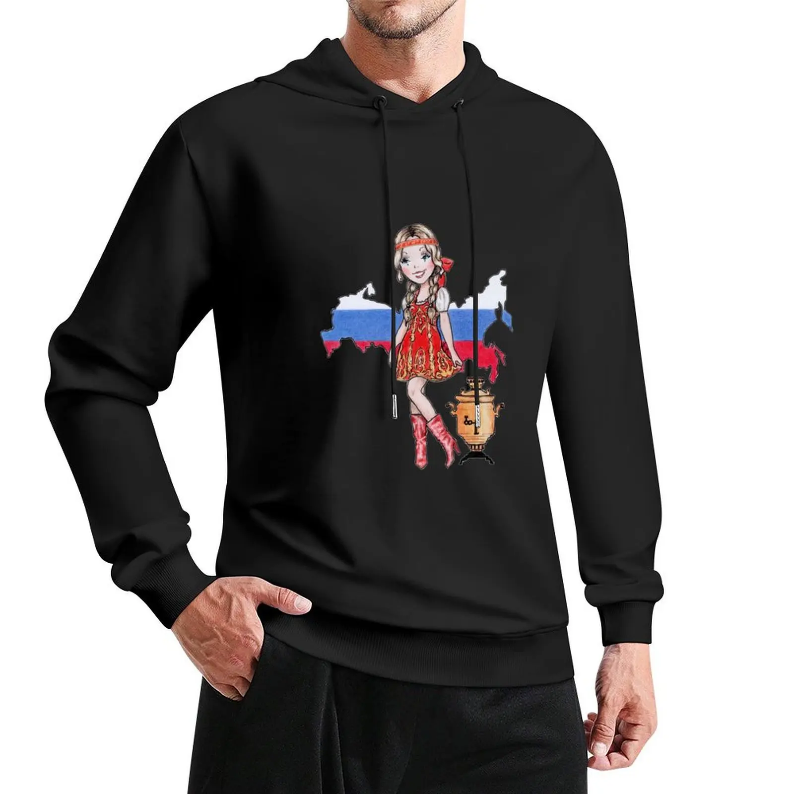 

Russian flag and cute Russian girl with samovar Pullover Hoodie autumn clothes men hoodie