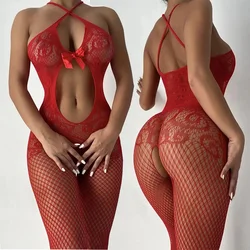 Sexy Fishnet Hollow Bodystocking See Through Long Sleeve Open Crotch Full Bodysuit  Women's Sexy Lingerie Erotic Underwear