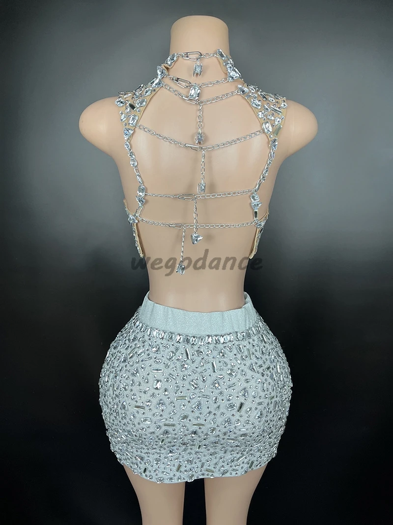 Hanging Neck Sleeveless Back Chain Hollowed Out Design Suit Short Skirt Tight Fitting Elastic Perspective