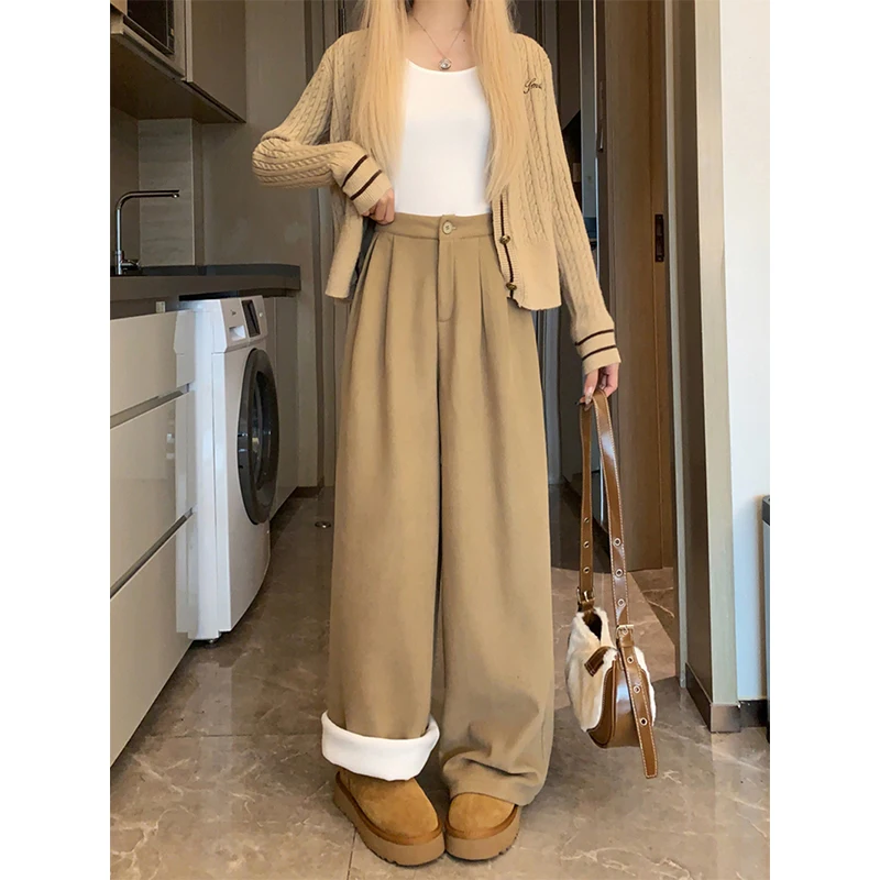 سروال قصير من الصوف بنطال ذو قصة أرجل واسعة للنساء Harajuku ملابس الشارع الشهير سروال فضفاض أسود شتوي عتيق كوري سميك غير رسمي مستقيم