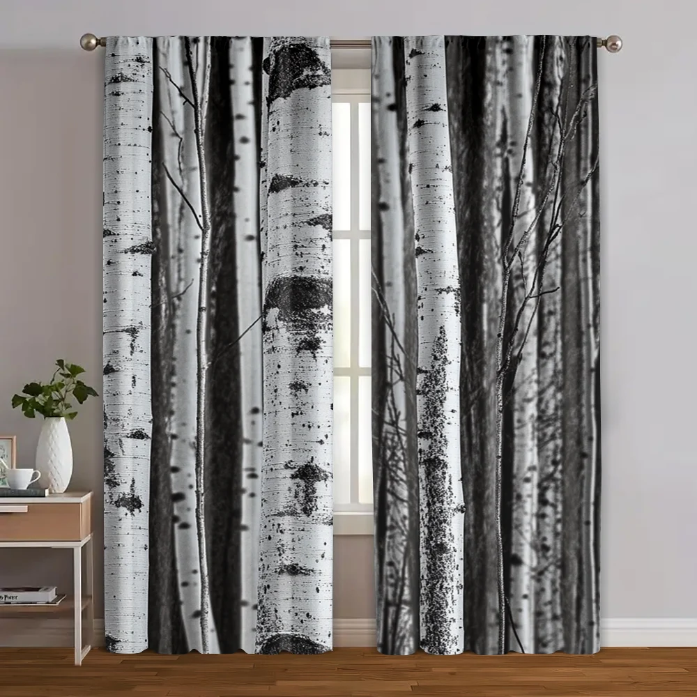 

2pcs, Curtain Cloth White Birch Tree Polyester (without rod) Decorations For Home Use for Bedroom Living Room Window Kitchen