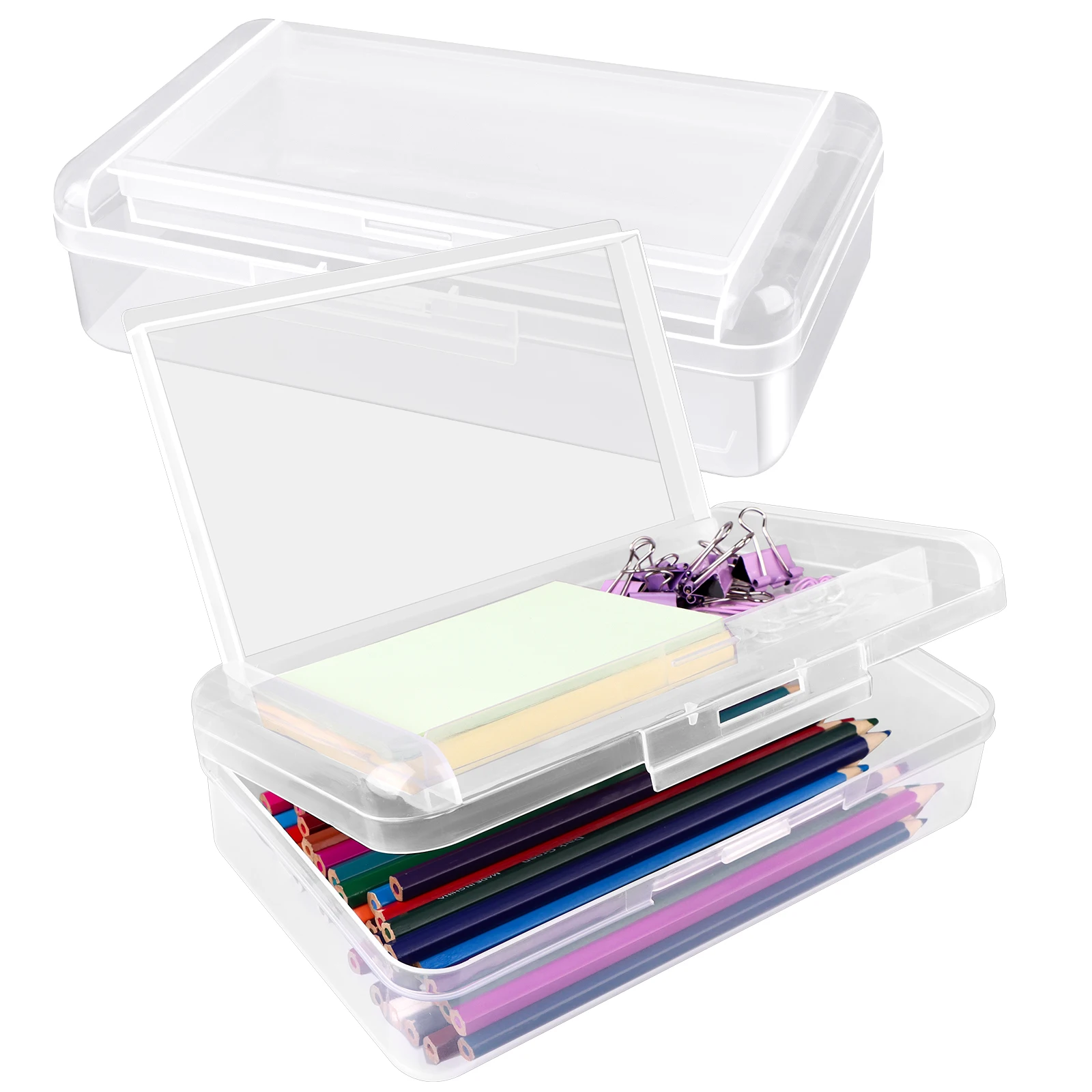 Oneant 2 Pack Large Capacity Clear Pencil Case Plastic Pencil Box Holder With Snap-Tight Lid, Stackable Double Layer Pencil Box