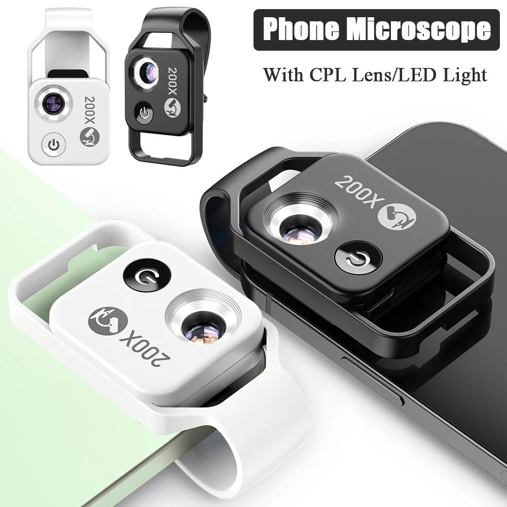 Microscopio per telefono con obiettivo CPL/luce LED Nano Zoom 200X Obiettivo per telefono tascabile Clip universale per fotocamera per la maggior parte dei telefoni iPhone/Android