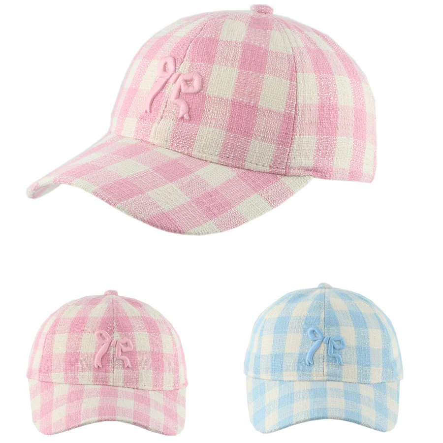 Korean Sweet Bowknot Embroidery Baseball Caps Women Girl Cute Pink Hat Outdoor Sun Visor Hats Adjustable Plaid Sunscreen Cap