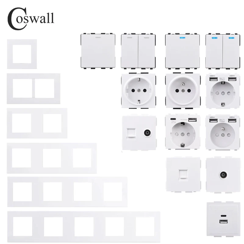 COSWALL E20 Series White PC Panel Wall Switch EU French Socket USB Type-C 20W Fast Charger TV RJ45 Module DIY