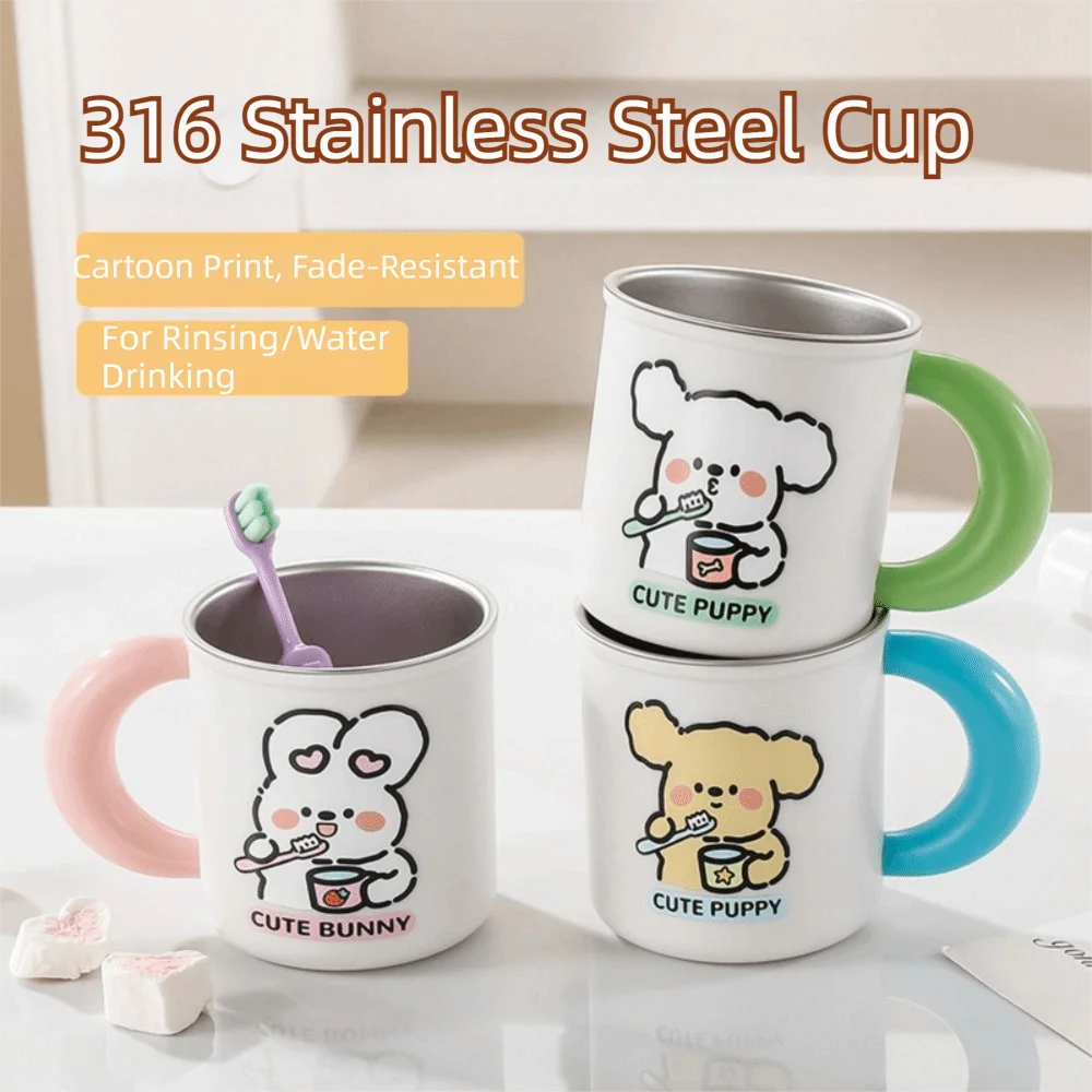 Stainless Steel Mouthwash Cup Anti Mildew Comfortable Grip Toothbrush Cup for Cute Pattern Anti-drop Children's Rinsing Mug