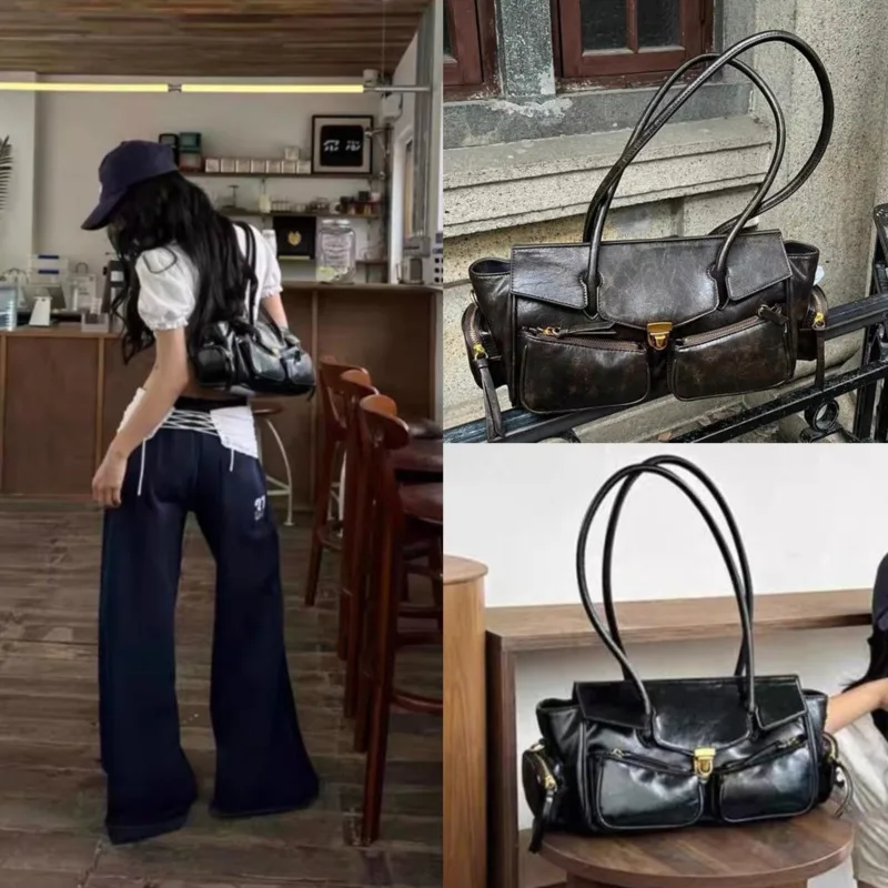 

Motorcycle Tote Bag Handbag Women 4 Season Retro French Buckle PU Commuting Bag Large Capacity Shoulder Bag Crossbody Bag New