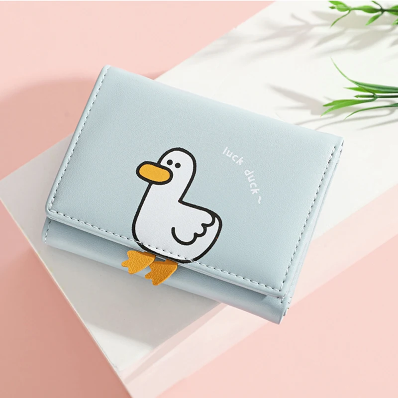 Creatieve Cartoon Luck Duck Design Dames Portemonnee Pu Lederen Bankkaarthouder Kawaii Korte Vouw Portefeuilles Cash Clip Vrouwen Portemonnees