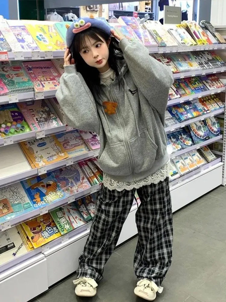 Doux Cool épicé fille brodé collège américain Sle ouvert Cardigan sweat femmes Fce nouveau ample à capuche Jaet