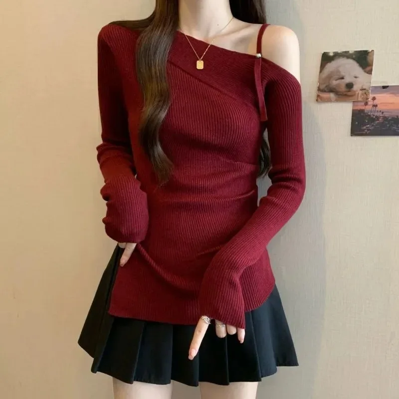 

Slant Collar Sweater for Women's Outer Wear Autumn Winter New Style Irregular Pleated Slim Fit Versatile Pullovers Top