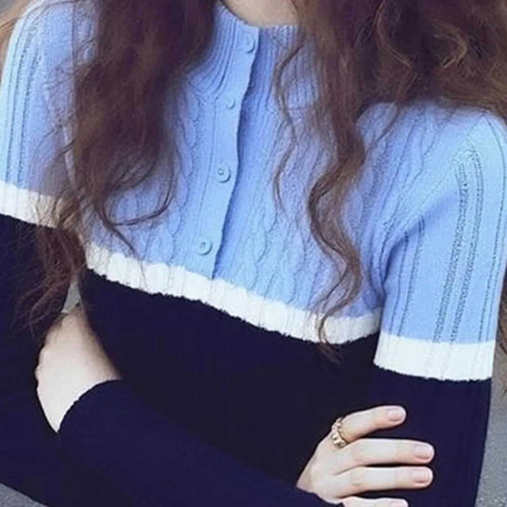 Fashion Blue Patchwork Knitted Top Women Slim Casual Base Bottoming Top Jumper Pullover