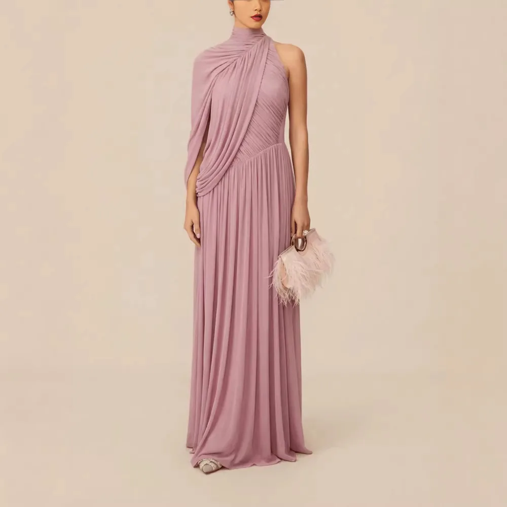 

Sexy Fashionable Slim Fit Neck Hanging Pleated Dress Elegant Party Dress mid Length Polyester Fiber Short Sleeve High Waist
