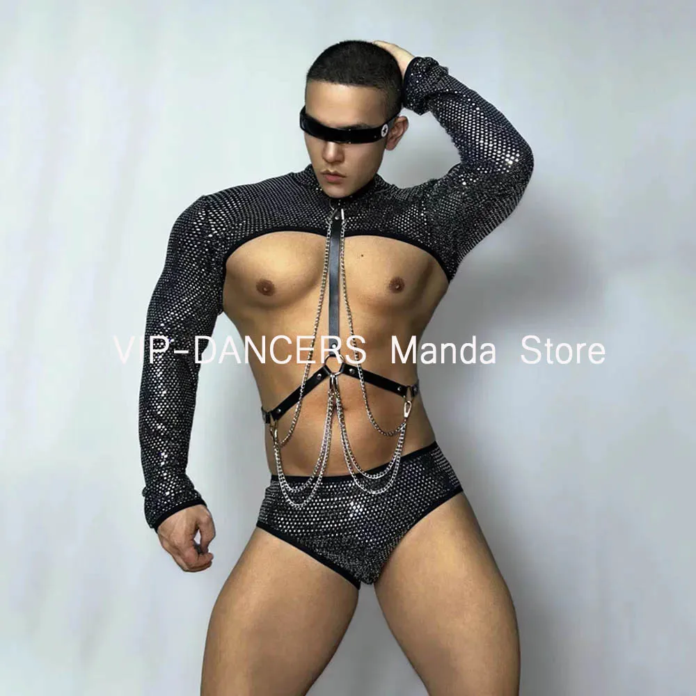 Muscle Man Dancewear Sexy Gogo Dancer Abbigliamento Nero Cintura pettorale Nightclub Party Rave Outfit Glitter Costume Maschile Pole Wear 602