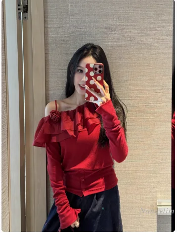 Heavy Industry Flower Low Crew Neck Elastic T-Shirt Ladies 2025 Spring High Waist Short Lotus Leaf Sling Outside Wear Red Top