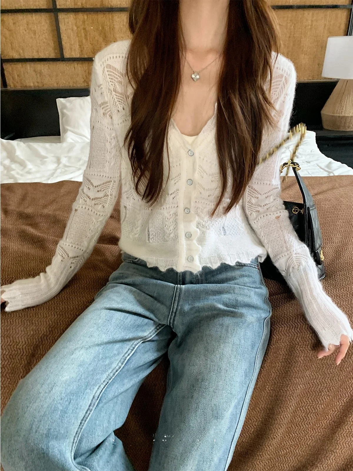 

Вязаный кардиган из шерсти альпаки UVPU с V-образным вырезом, ажурный дизайн, длинный рукав, женский модный свитер для осени и зимы