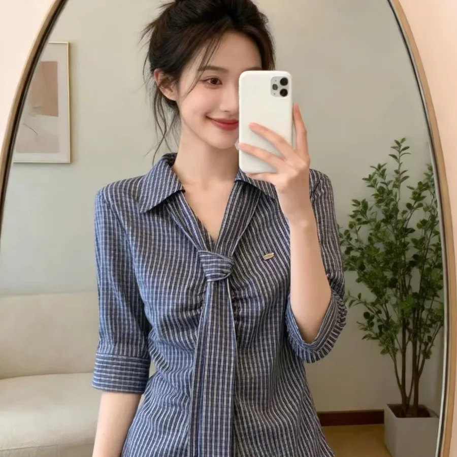 

Summer Commute Style Women's Striped Shirt Loose Fit Five-Quarter Sleeve Collar Tie-Detail Slimming Top Trendy Korean Ve...