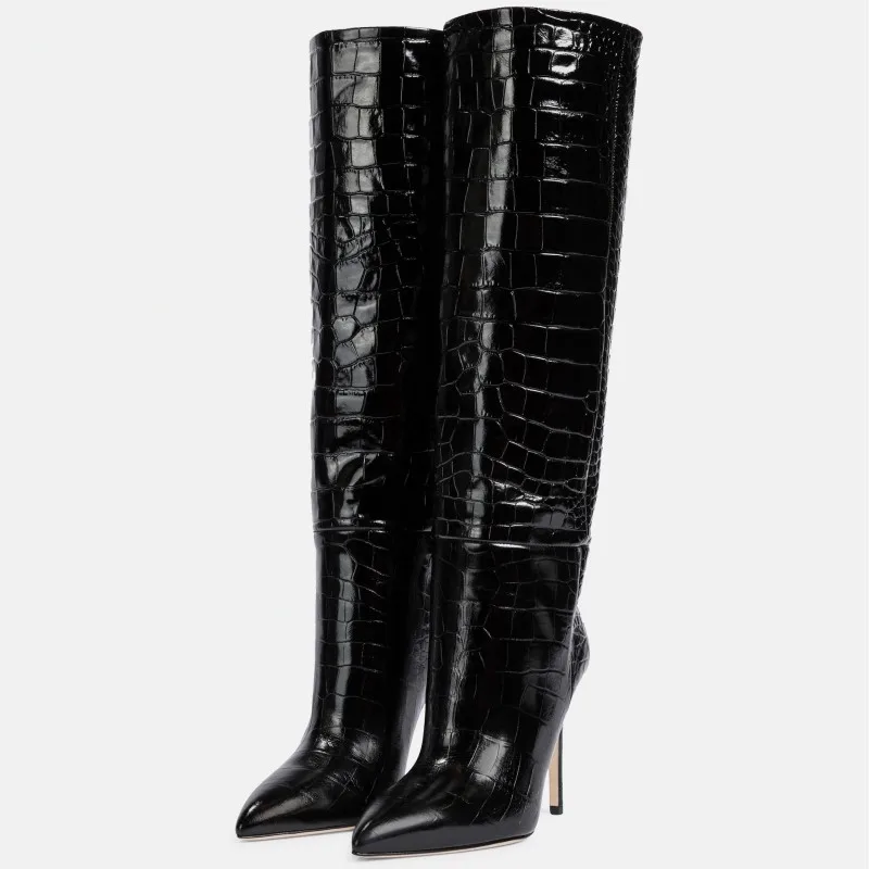 Knee High Boots Women Snake Leather Sexy Point Winter Tall Long Party Shoes Female 2023 New Trends Black Cowboy Cowgirls Boot