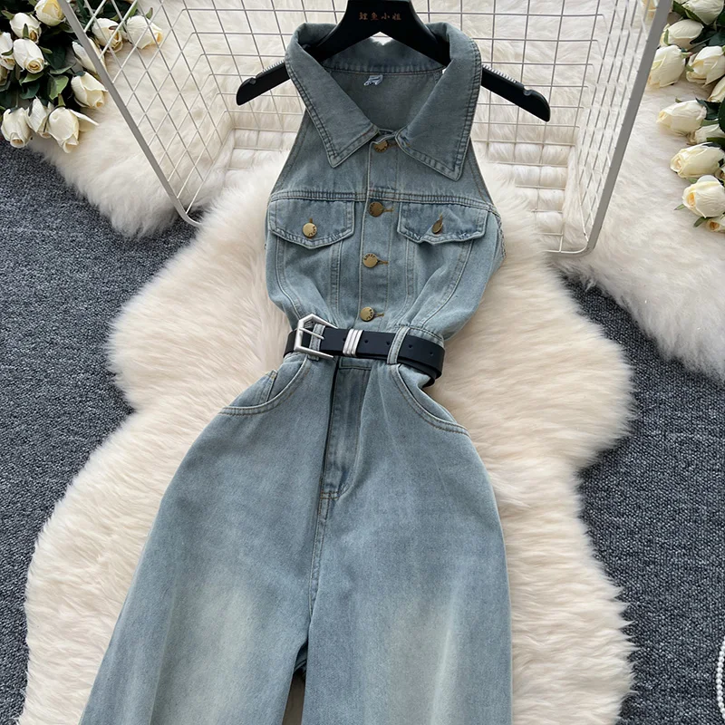 Women Denim Jumpsuit Skinny Single Breasted Casual High-waisted Summer Button Turn-down Collar Wide-leg Jumpsuits Rompers