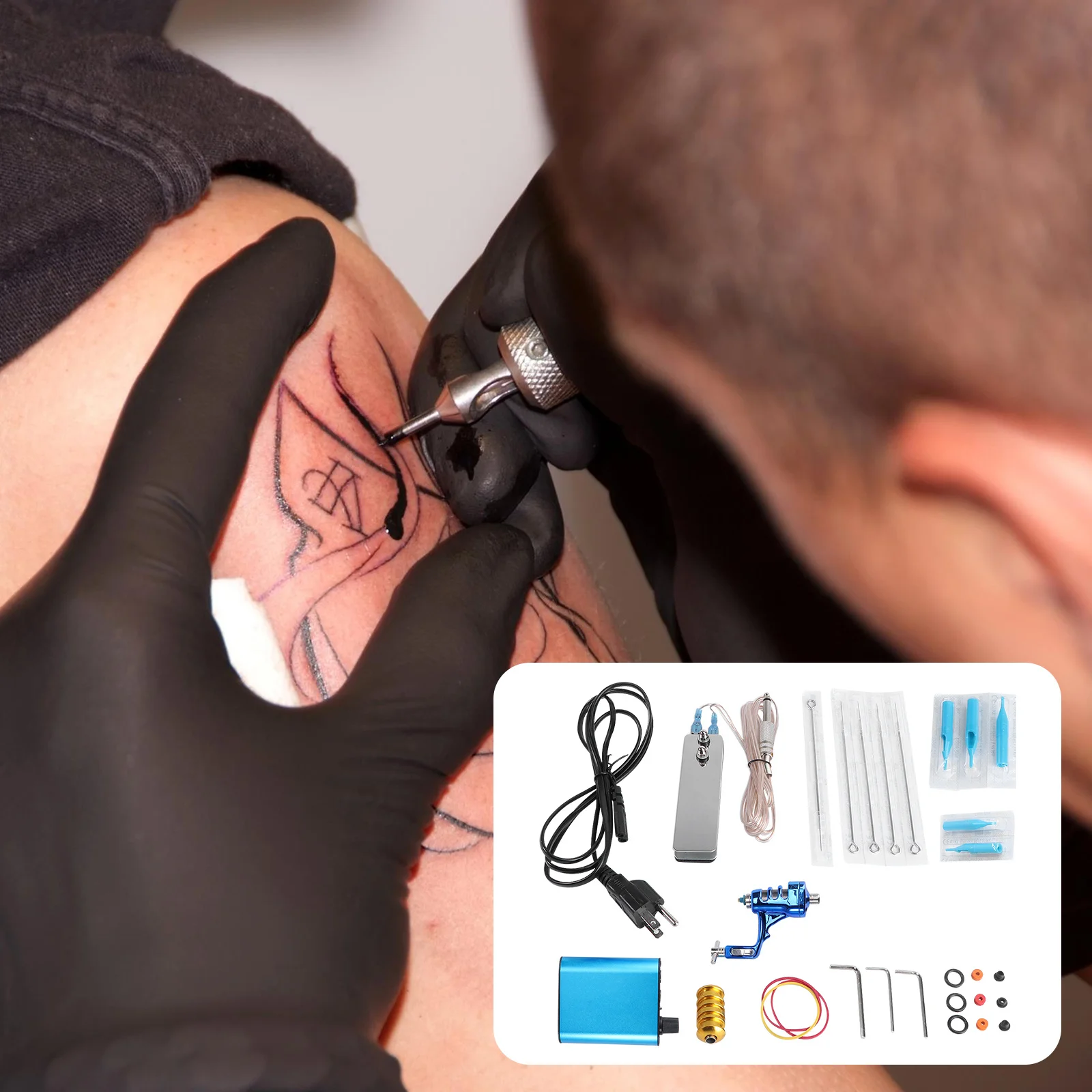 

1 set 1 Set Tattoos Kit Body Art Drawing Machine Tool Beginner Equipment Set Us Plug Blue Durable Low Noise Complete Accessories