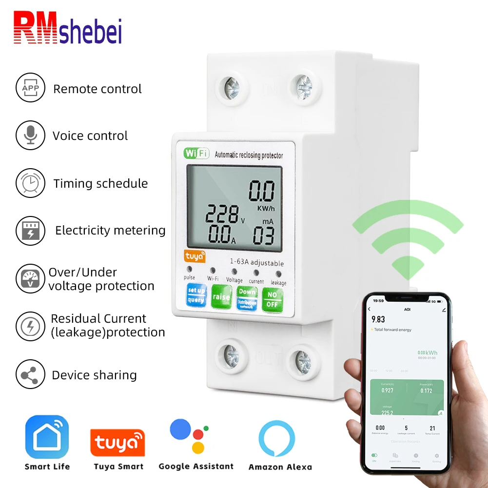 RMshebei Tuya Smart WiFi Circuit Breaker 220V 2P 63A Remote Control Timing Switch Over-Voltage Overload Leakage Protection