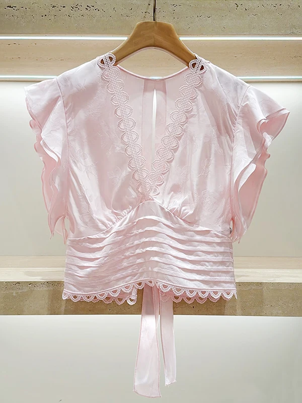 

French Style Belted White Shirt V-Neck Puff Sleeve Short Sleeve Embellished Hemline Waist-Cinching Top for Women