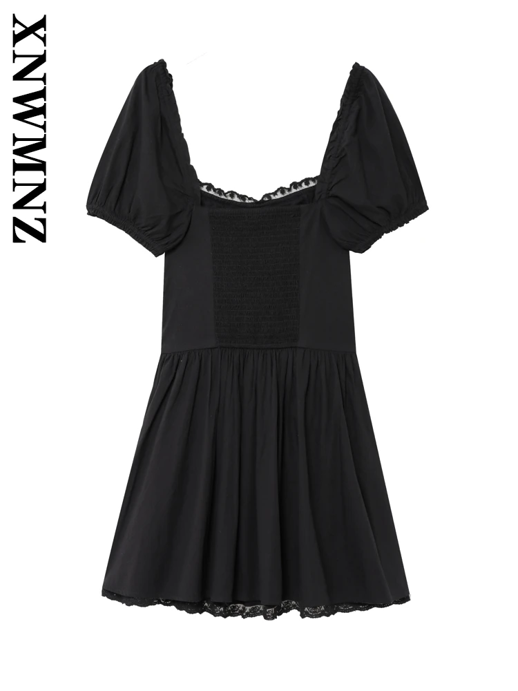XNWMNZ Mini abiti in raso senza schienale a maniche corte casual eleganti da donna estivi Moda donna vintage colletto quadrato abito a pieghe
