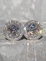 1pair Bridal Korean Style Earrings With Sparkling Round Stone & Full Drill Design, Elegant & Delicate Casual. Valentine's Day Accessories
