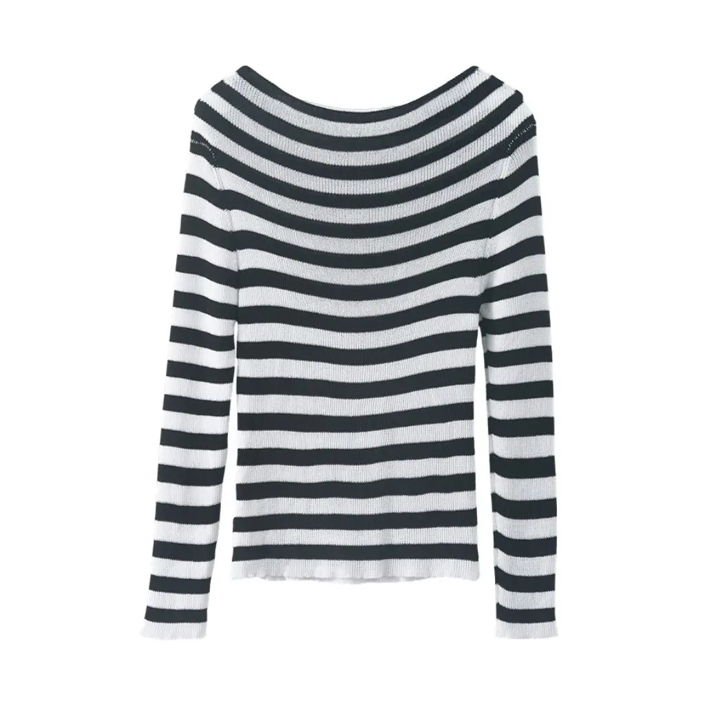 

Гуанчжоу Хуан Чжэ в корейском стиле, простой индивидуальный цветной блок, полосатый облегающий вязаный повседневный топ на одно плечо 530063