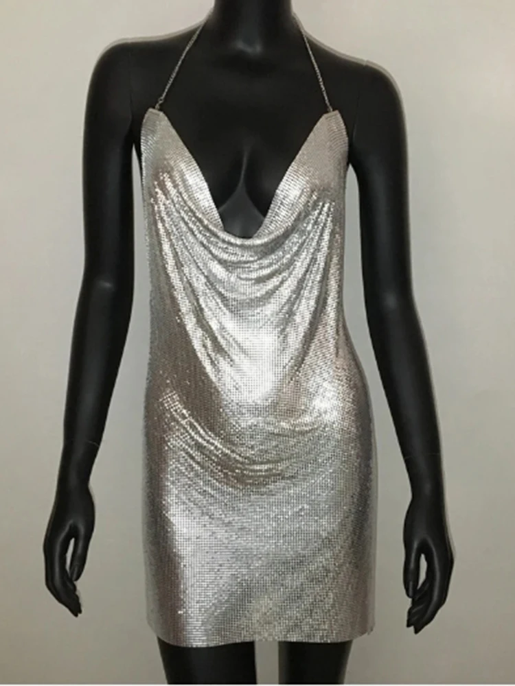 Sexy Clubwear Backless Sequin Short Dress For Women Cocktail Metalic Split Mesh Harness Body Chain Club Low Cut Mini Dress