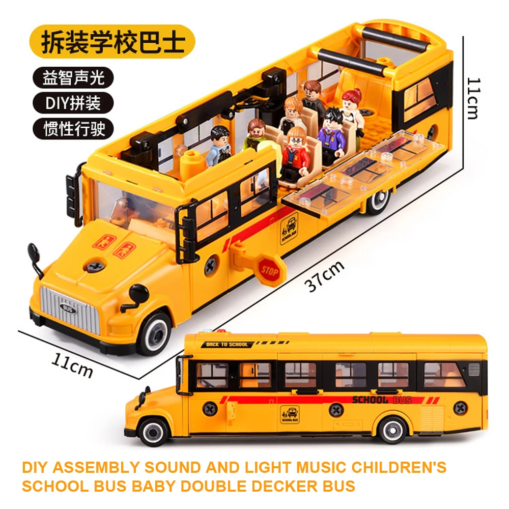 

Puzzle DIY Assembly Sound And Light Music Children's School Bus Baby Double Decker Bus, Inertial Sliding Large Bus Model,XT26