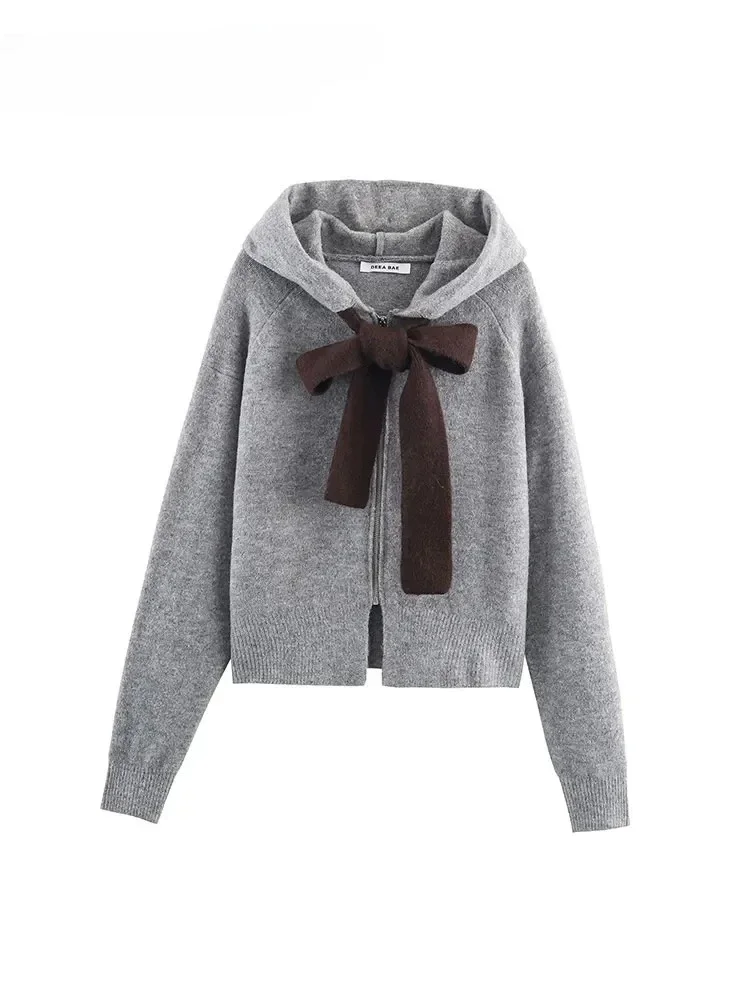 

2025 New Vintage Chic Women Knitted Coat Zipper Long Sleeve Bow Warm Coats New Fashion Autumn Winter Holiday Female Outwear