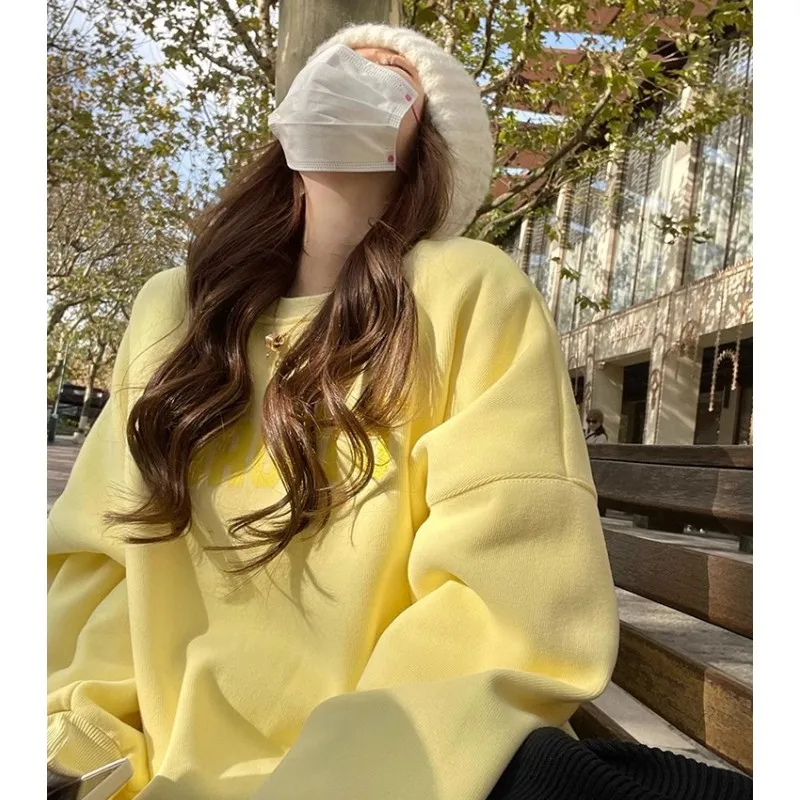 

Creamy Yellow New Crew Baggy Sweatshirt Women Fleece Thicken Fashion Letter Printing Street Lazy Wind Long Sleeves Pullover Top