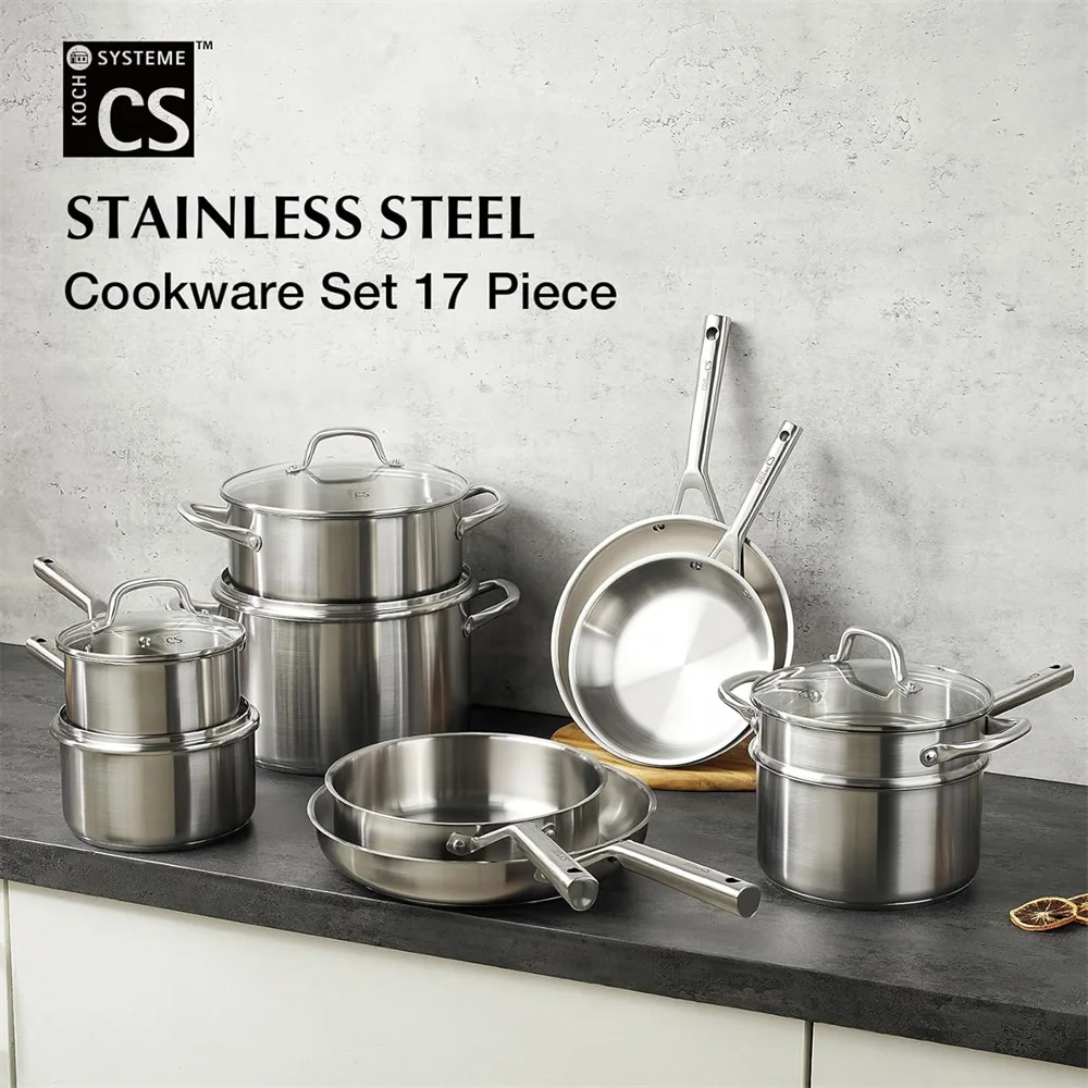 KOCH SYSTEME CS 17 Piece Stainless Steel Cookware Set Kitchen Saucepan Milk Pot Frying pan Professional 18/10 Stianless Steel Pots and Pans Set 5-Layer Stainless Base Induction Ready