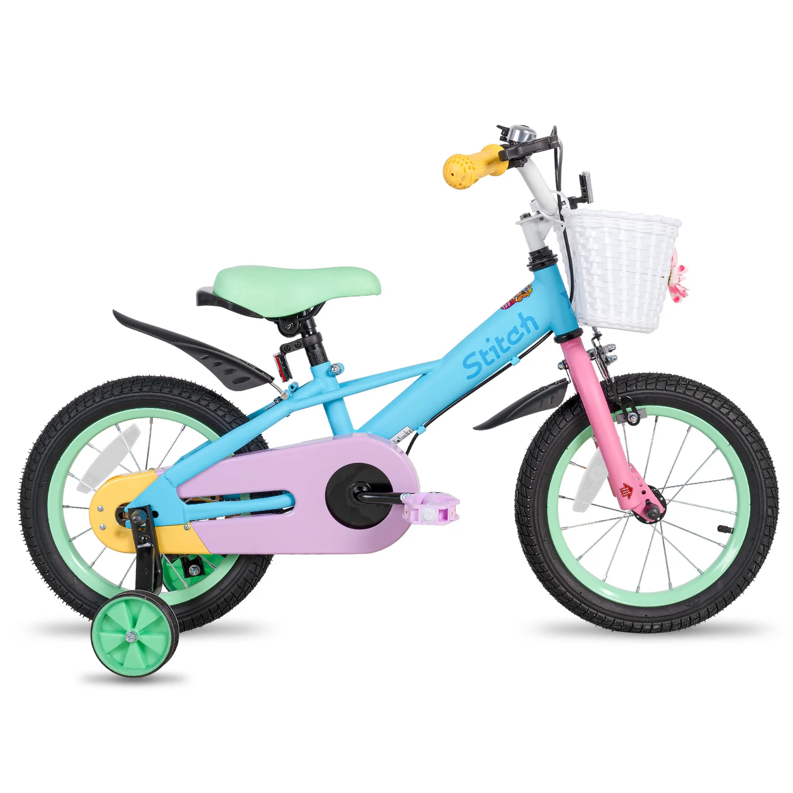 STITCH Macaron 14 Inch Kids Bike for 3-5 Years Old, 14 Inch Girls Bike with Baskets & Stabilisers, Children Bicycle