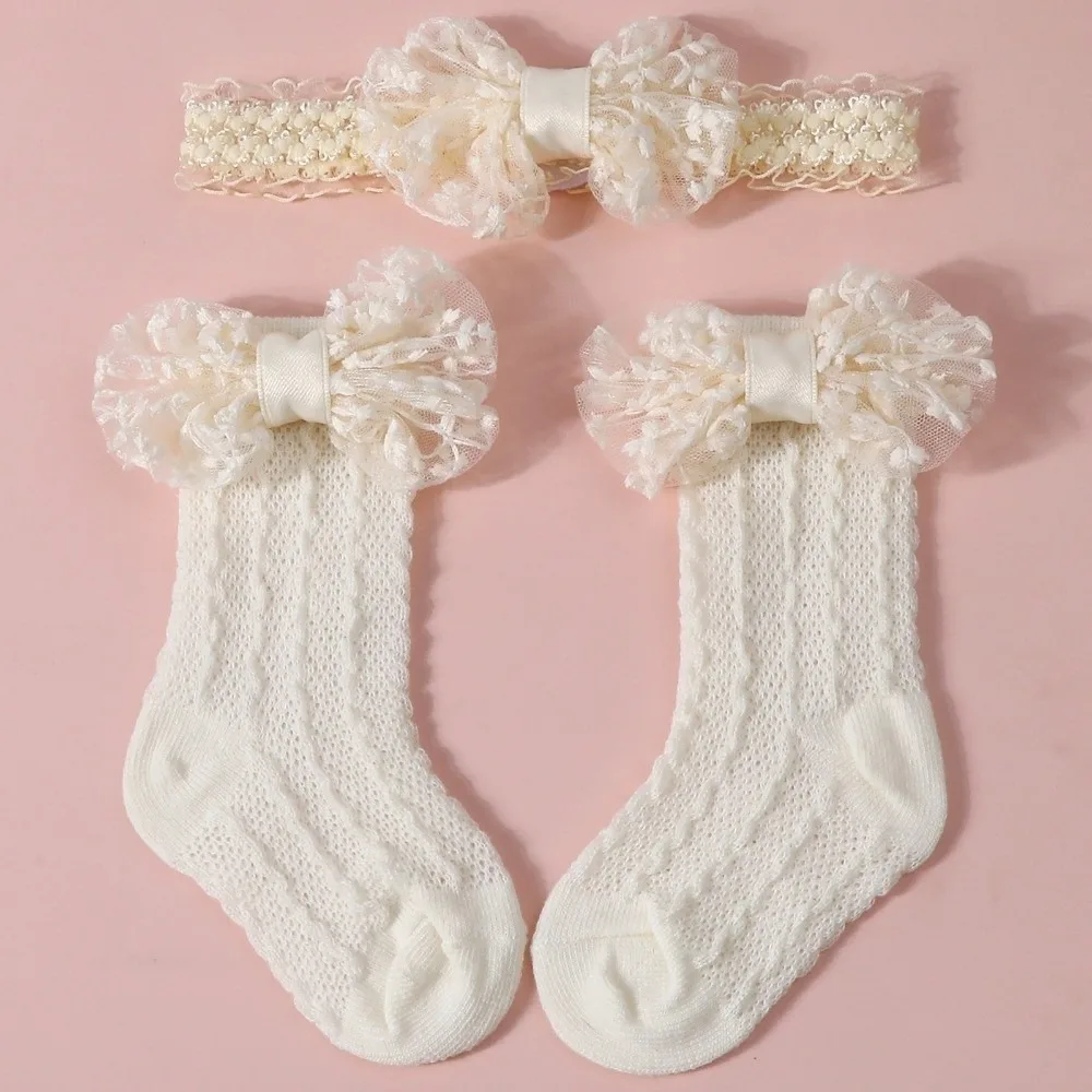 2PCS/Set Solid Color Baby Headband Socks Lace Bow Elastic Lace Bow Socks Hollow Out Breathable Infant Hair Accessory