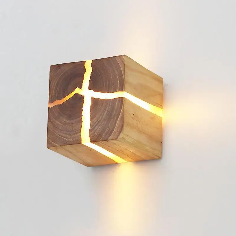 

Cracked Wooden Wall Lamp Creative Corridor Staircase wall light Living Room Bedroom Square Solid Wood LED Wall Light