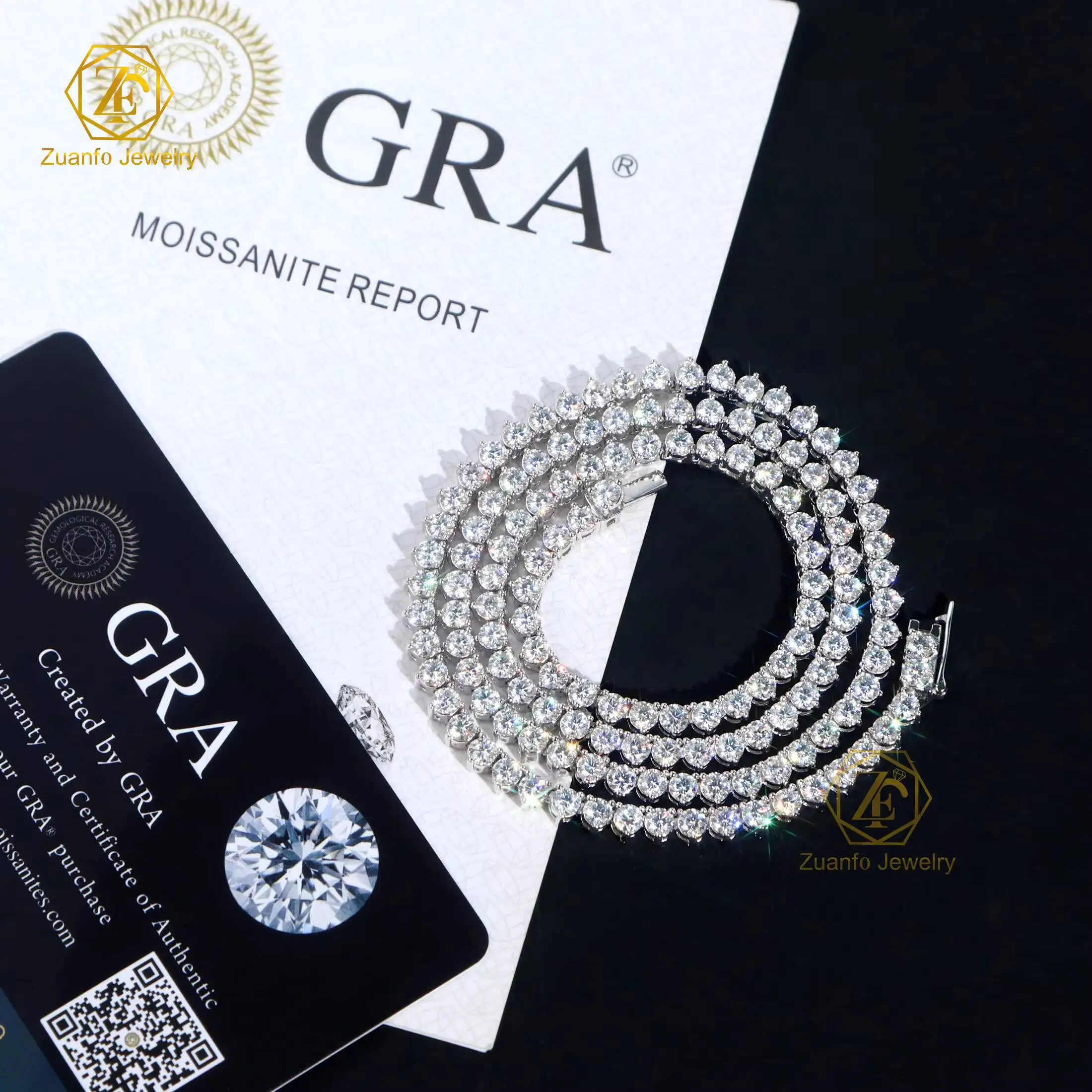 3 Claws Prong Moissanite Tennis Chain 3mm D VVS Mossanite Diamond 925S Material Cuban Tennis Link Chain for Men