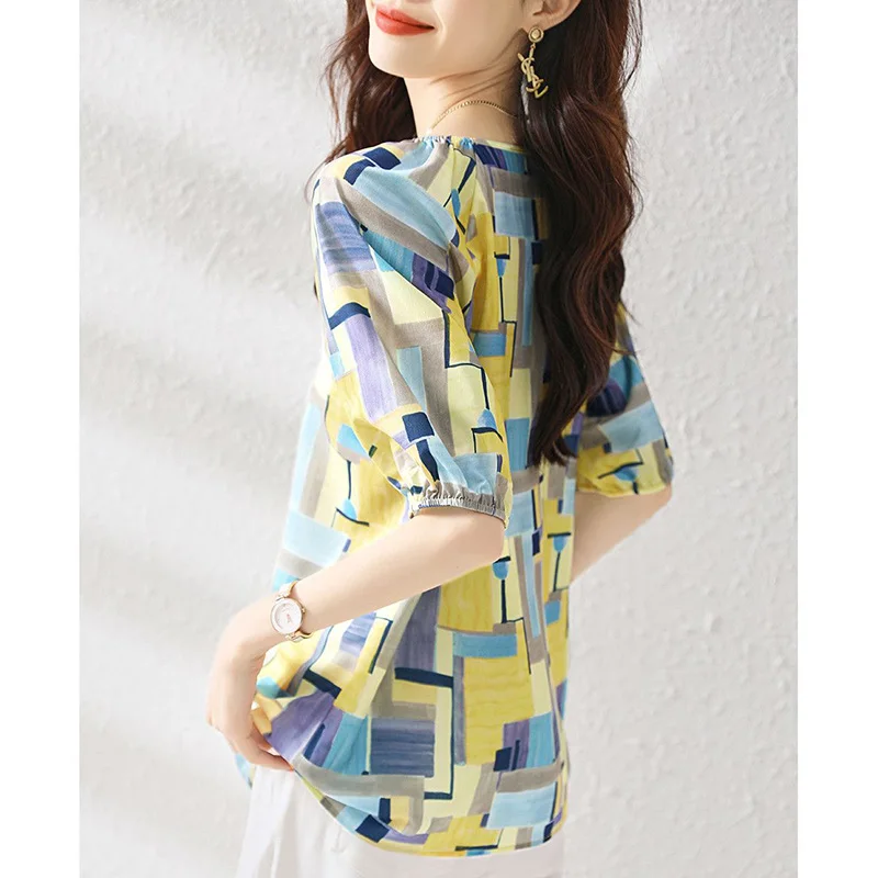 Vintage Printed O-Neck Loose Folds Chiffon Blouse Women's Clothing 2023 Summer New Casual Pullovers All-match Office Lady Shirt