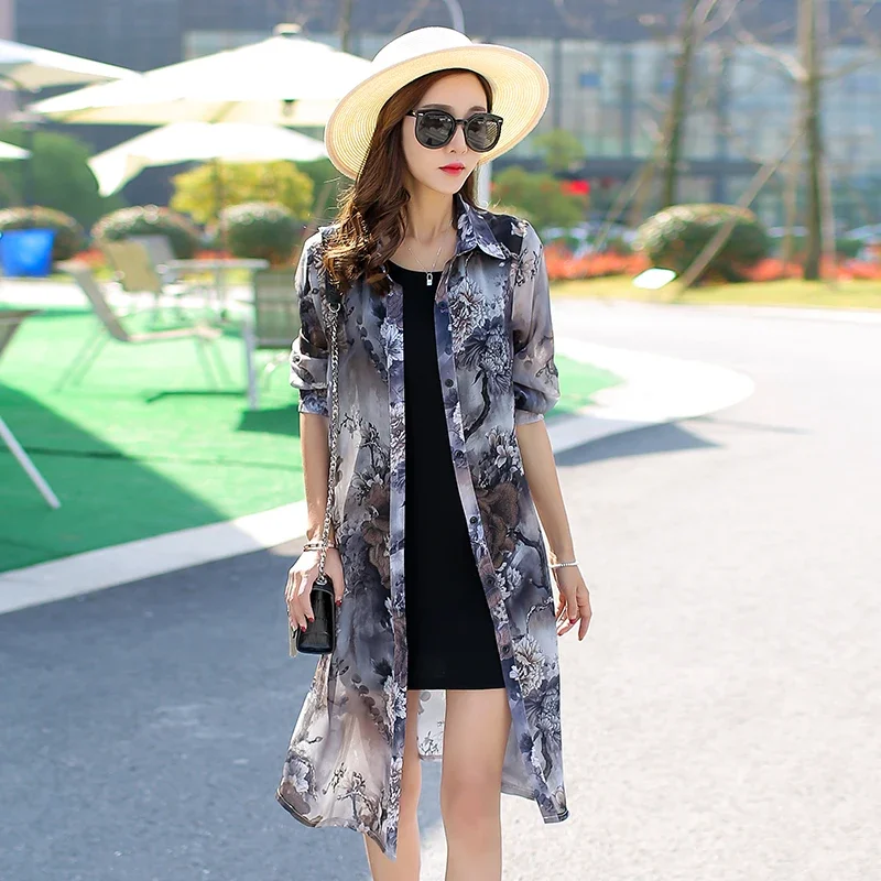 Summer Long Sleeve Floral Loose Cardigan Chiffon Blouse Women Long Shirt Women Beach Sun Protection Clothes Print Tops 9127 50