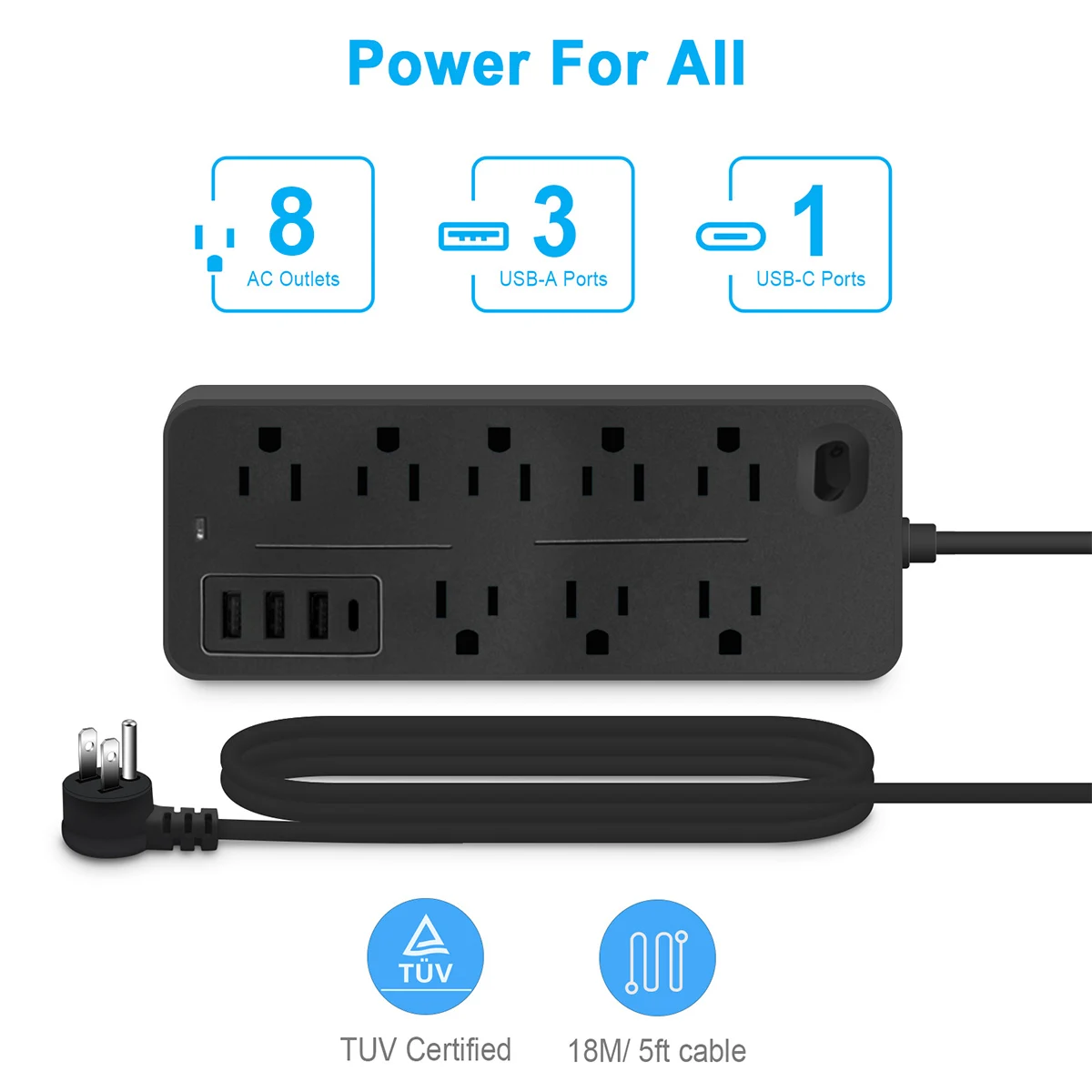 US Outlets 12 in 1 Power Strip Multitap Socket with Master Control Switch AC Extension Cord Electrical Socket with USB Type C