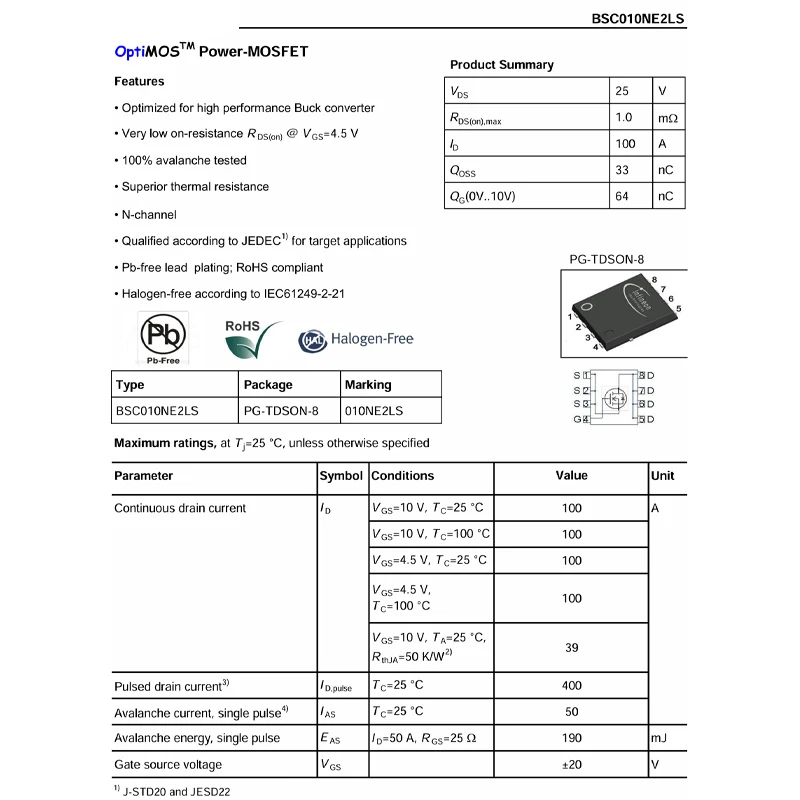 5PCS BSC010NE2LS 010NE2LS TDSON-8 25V100A N-channel surface mount field-effect MOS transistor