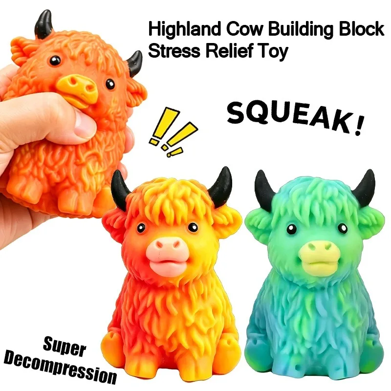 Highland Cow ASMR Sound Sensory Fidget Toy Building Block Slow Rebound Stress Relief Squeeze Anxiety For ADHD Calming Relax Gift
