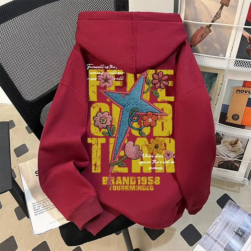 

Худи большого размера в американском уличном стиле с вышивкой и принтом, свободного кроя, для пар, красное, хлопковое, с длинными рукавами